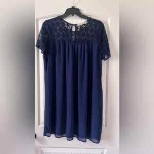 Liberty Love Women’s‎ 3XL Shift Dress Blue Navy Lace Top Sleeve Sheer Neck
Lined